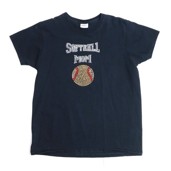 SOFTBALL MOM - WOMEN'S BLACK RHINESTONE EMBELLISHED T-SHIRT - SIZE M - Picture 1 of 5